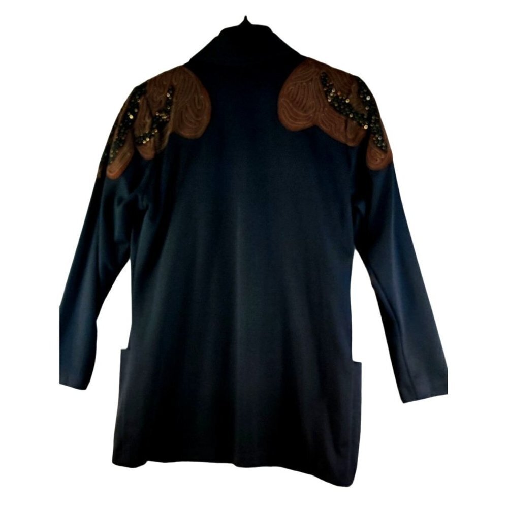Vtg 80s Black Blazer Leather Shoulder Accent Knit Sz M Karina Open Front Jacket - Picture 9 of 10